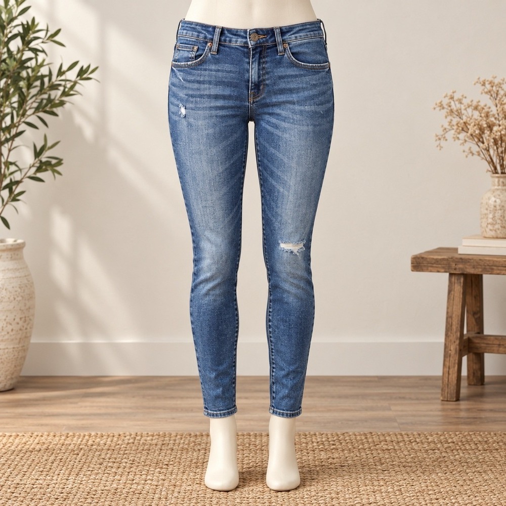 7 For All Mankind The Ankle Skinny Distressed Jeans Medium Wash Denim